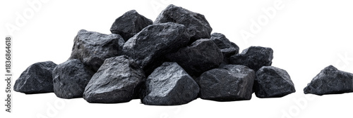 A pile of dark, rough, irregularly shaped rocks against a black background