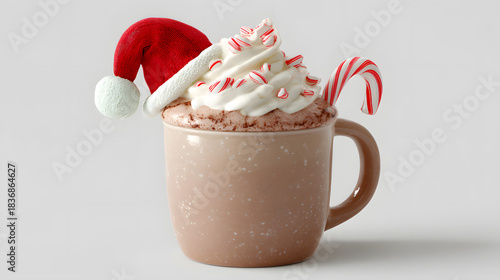 Steaming Mug of Hot Chocolate with Marshmallows and Christmas Hat