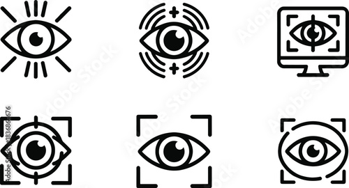 Biometric eye scan and identity recognition line icon set. Iris scanning, security access, and digital verification vector symbols.