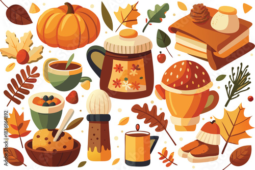 Cozy autumn illustration with pumpkin, hot drinks and fall leaves