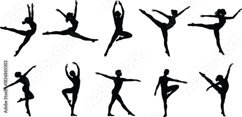 Ballet dancer silhouettes, classical pose icons, black vector set, elegant movement, editable, isolated, dance clipart, graceful, expressive, stylish