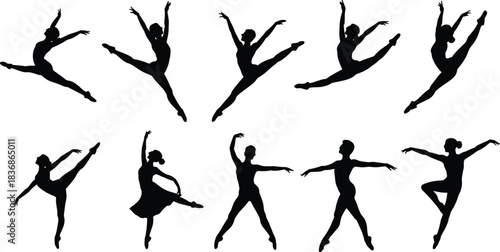 Ballet dancer silhouettes, elegant pose icons, black vector set, graceful movement, editable, isolated, dance clipart, artistic, expressive, stylish