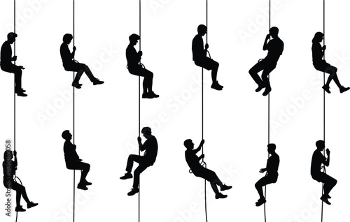 Climber silhouette icons, rope descent poses, harnessed figures, black vector set, editable, isolated, adventure graphic, climbing, suspended, vertical