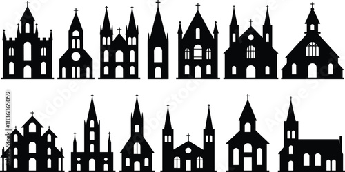 Church silhouette icons, religious architecture set, black vector buildings, steeple design, cultural structures, editable, isolated, graphic, sacred, historic