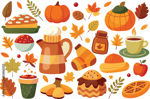 Cozy autumn harvest collection: warm drinks, pumpkins, and fall leaves