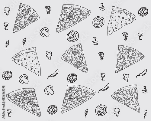 hand drawn pizza slice outline doodle pattern .pizza seamless isolated on background
