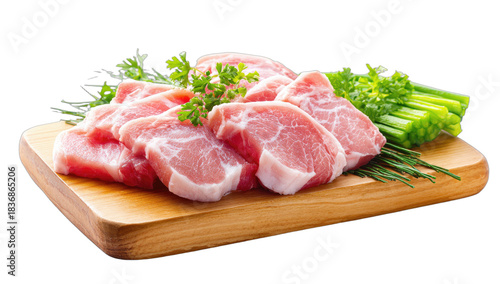 Fresh, lean meat slices artfully arranged with vibrant green herbs on a cutting board