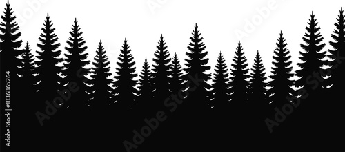Forest silhouette vector, conifer tree line, black pine illustration, nature background, landscape design, editable, isolated, woodland, graphic