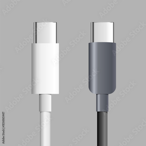 3D illustration of two USB Type-C plugs in different metallic colors. Modern connectivity and charging technology concept.