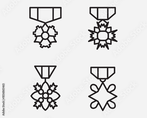 set of medal outline vector icon .honor ,success ,achievement and champions sign symbol isolated on background