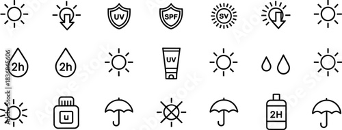Sun protection icons, UV safety set, SPF symbols, sunscreen graphics, editable, isolated, vector clipart, shield, umbrella, exposure
