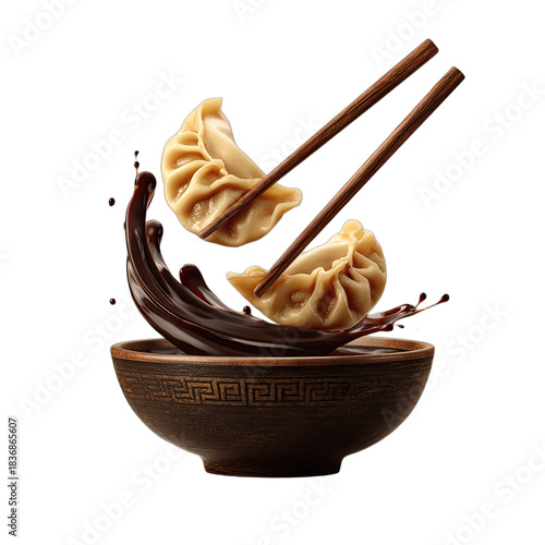 Dumplings suspended mid-air above a dipping sauce bowl by chopsticks