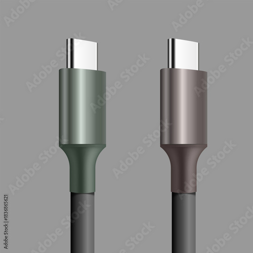 3D illustration of two USB Type-C plugs in different metallic colors. Modern connectivity and charging technology concept