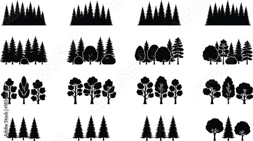 Tree group silhouettes, forest cluster icons, black vector trees, landscape design elements, nature graphics, editable foliage shapes, isolated, stylized