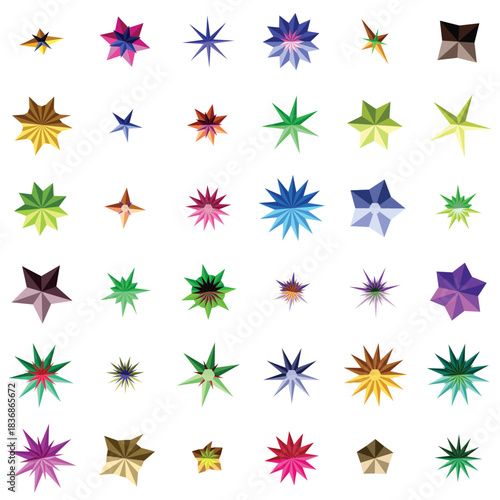 Collection of colorful, abstract, multipointed star shapes