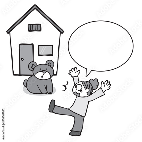 住宅街に出るクマ_人と鉢合わせ_ふき出し　モノクロ