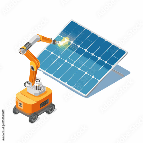 Isometric vector illustration of an automated industrial robot cleaning blue solar photovoltaic panels showing renewable energy maintenance technology and engineering innovation on white background