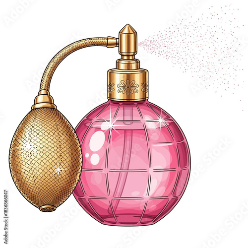 Vector Illustration of Pink Perfume Bottle with Gold Atomizer in Elegant Modern Style