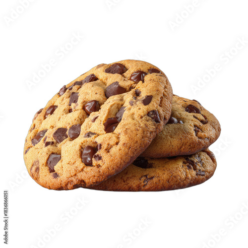 Three golden-brown, round cookies with dark chocolate chips