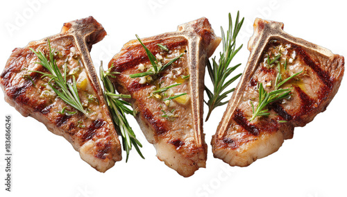 Three grilled lamb chops with rosemary and garlic, served on black