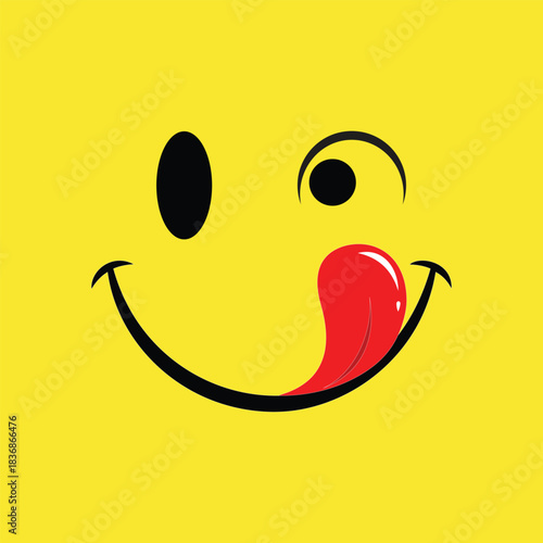 Winking smiley face icon licking its lips with a bright yellow background