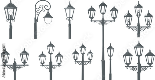Collection vector of vintage street lamps and ornate lighting fixtures in black and white