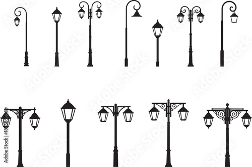 Collection vector of vintage street lamps and ornate light posts in black and white sketch style