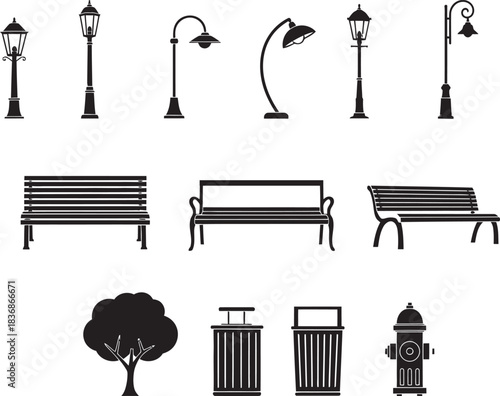 Black and white silhouette set of city park elements including benches and street lamps