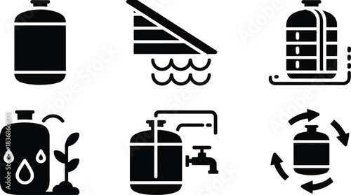 Water storage and rainwater harvesting icon set. Fluid tank, cistern, and sustainable liquid resource vector symbols.