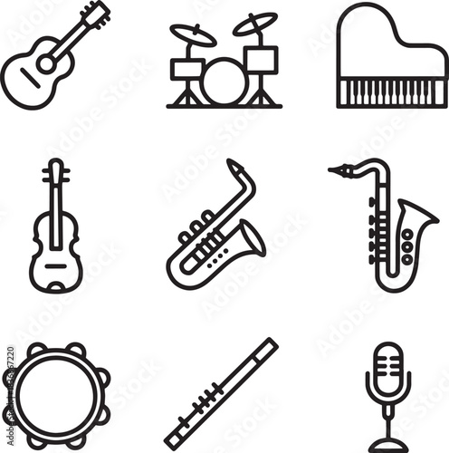 Acoustic sound instruments and performance equipment vector line icons set for entertainment and hobby needs