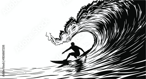 Silhouette surfer rides a powerful crashing wave against a white background.