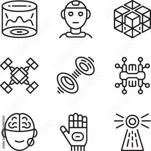 Artificial intelligence and futuristic technology vector line icons covering robotics virtual reality and data analysis
