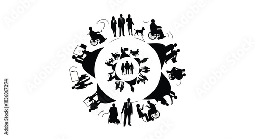 Diverse community circle showing inclusion and connection of people with different abilities and interests.