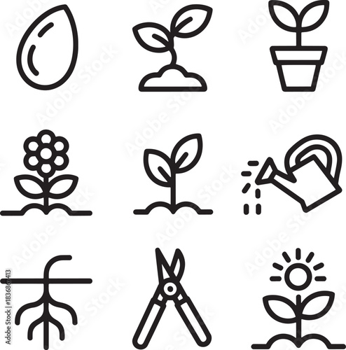 Gardening outline icon set planting seeds seedlings watering growing plants tools and roots
