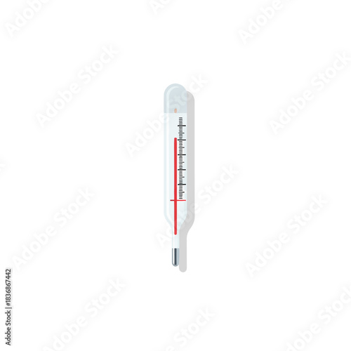Medical thermometer with red liquid indicating a high temperature on a white background
