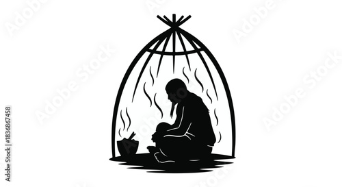 Silhouette of an elder tending to a fire inside a traditional dwelling