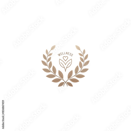 Elegant wellness emblem featuring a heart with a leaf and laurel wreath, symbolizing natural health, organic beauty, and holistic well-being for spa and health-related businesses