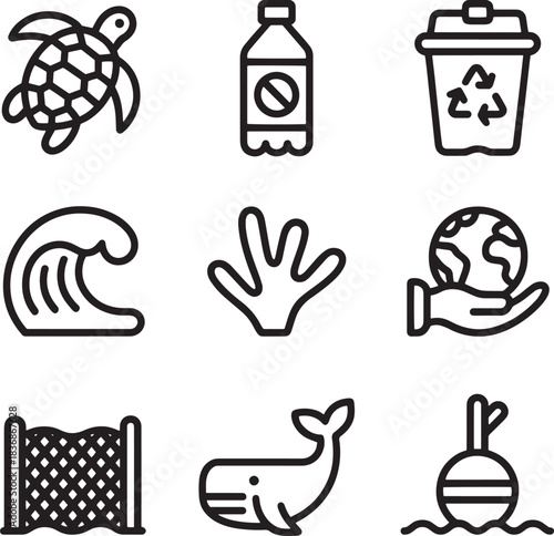Ocean conservation and marine life icons set including sea turtle wave coral and whale symbol