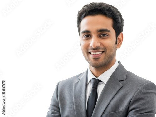 Confident indian businessman smiling at camera in a grey suit