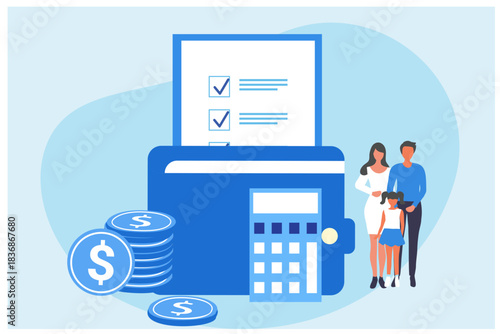 Family budget planning, saving money and planning Concept of Family money, household finance. Vector illustration 