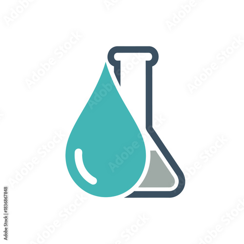 Clean graphic depicting a vibrant liquid drop merging with a classic laboratory flask, representing fundamental chemistry concepts, scientific solutions, and experimental research