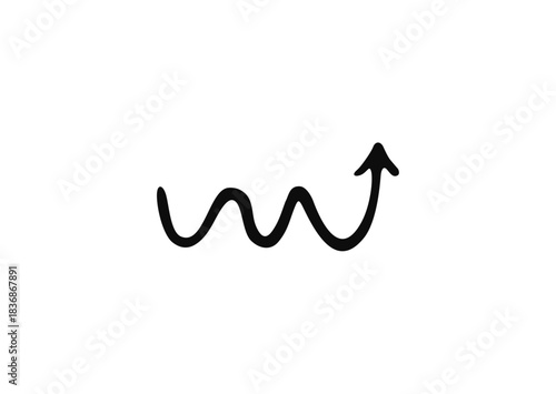 A simple, hand-drawn black line moving horizontally with a wavy or fluctuating pattern before curving sharply upward into an arrow, representing an unstable but ultimately successful path.
