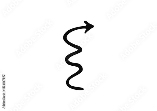 A simple, hand-drawn black arrow tracing a vertical, wavy, or zigzag path upward, symbolizing a complex or fluctuating progression.
