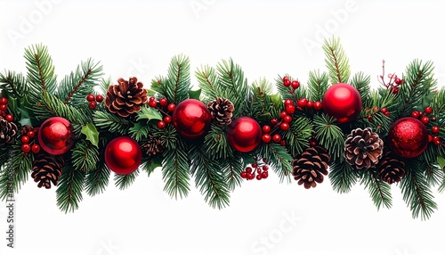 Christmas decoration with red balls and fir branches on white background