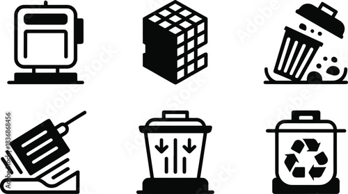 Waste management and recycling line icon set. Garbage disposal, trash sorting, and environmental cleanup vector symbols.