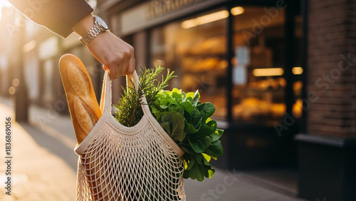 Fototapeta Naklejka Na Ścianę i Meble -   Hand holding net bag with baguette and herbs outside bakery at golden hour
