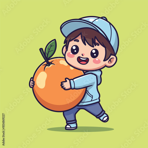 Cute Vector Illustration of a Child in Blue Hoodie Holding Giant Orange with Leaf on Light Green Background