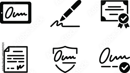 Digital signature and contract line icon set. Document authentication, e-signature, and secure legal vector symbols.