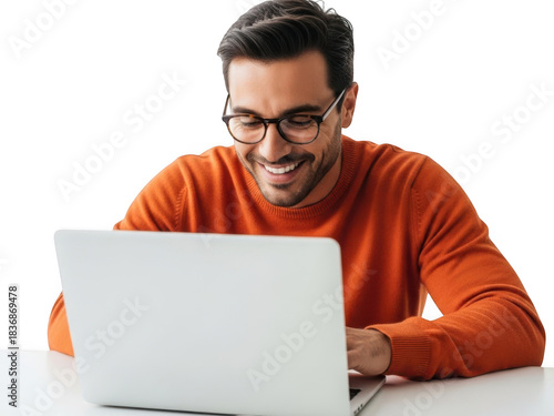 Happy man in orange sweater using laptop, remote work concept