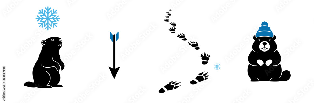 Fototapeta premium Set of Groundhog Day themed illustrations featuring groundhogs and winter elements on a transparent background